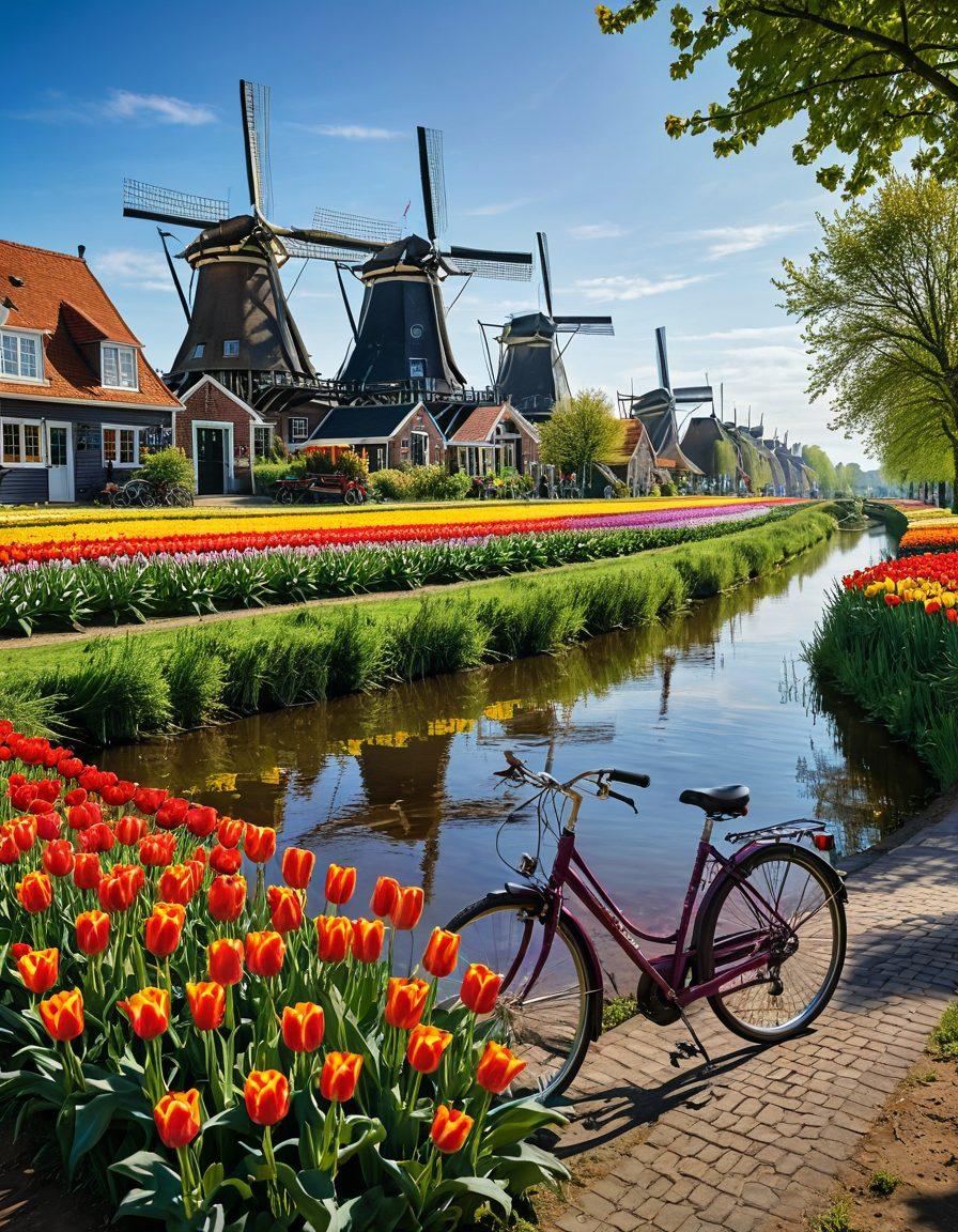 A picturesque scene of a traditional Dutch village with charming windmills and vibrant tulip fields in the foreground. A cyclist riding along a canal path under a clear blue sky, showcasing the cultural essence of the Netherlands. Elements of local life, such as people enjoying a café near the water, add to the richness. The overall composition captures the beauty and serenity of Dutch landscapes. super-realistic. vibrant colors. natural light.