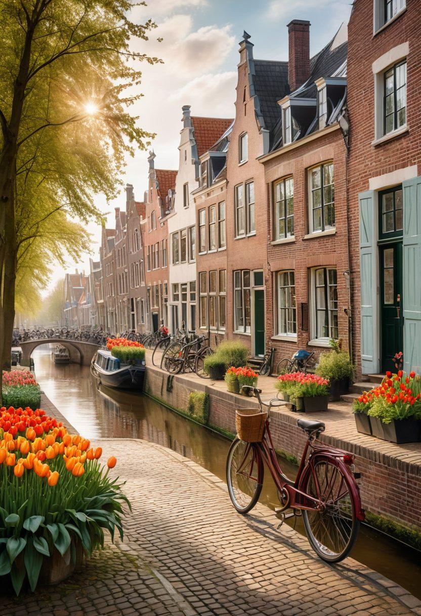 A warm, inviting scene of travelers sharing stories beside a picturesque Dutch canal, surrounded by charming historic houses with colorful facades. Include bicycles parked nearby, and traditional Dutch elements like tulips and windmills in the background. Capture the essence of connection and heritage through their expressions and interactions. vibrant colors. watercolor style. natural light.