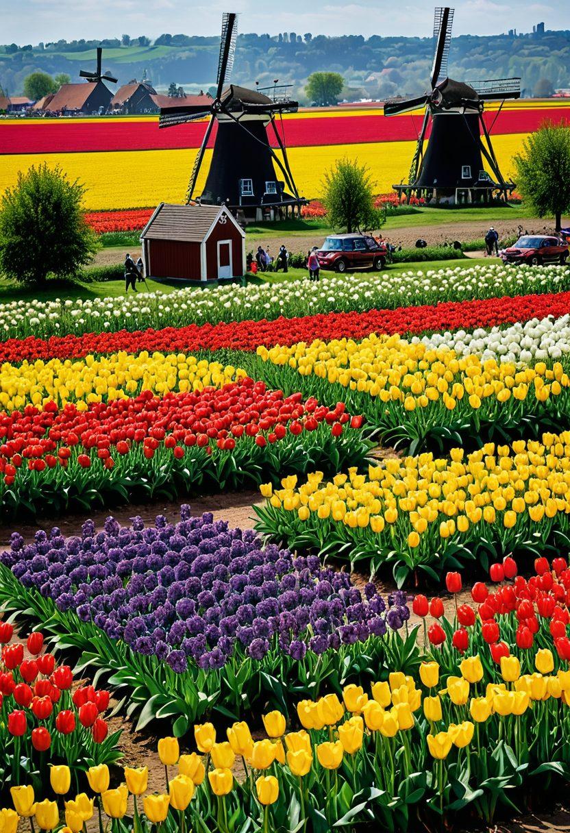 A picturesque landscape showcasing iconic Dutch windmills surrounded by vibrant tulip fields, with people of different cultures mingling and sharing stories. Incorporate traditional Dutch architecture in the background along with elements of community gatherings, such as a picnic or market fair. Soft, natural light enhances the scene, creating a warm and inviting atmosphere. Illustrate rich cultural symbols like wooden shoes and Dutch flags subtly integrated in the design. super-realistic. vibrant colors. soft light.